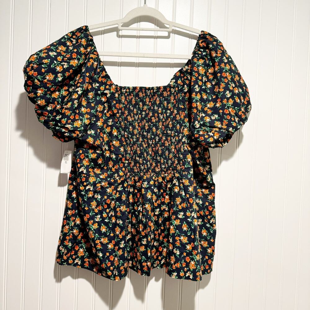 Old Navy Floral Puff Sleeve Top Navy Blue Orange Smocked NEW XXL Tall - Picture 8 of 9